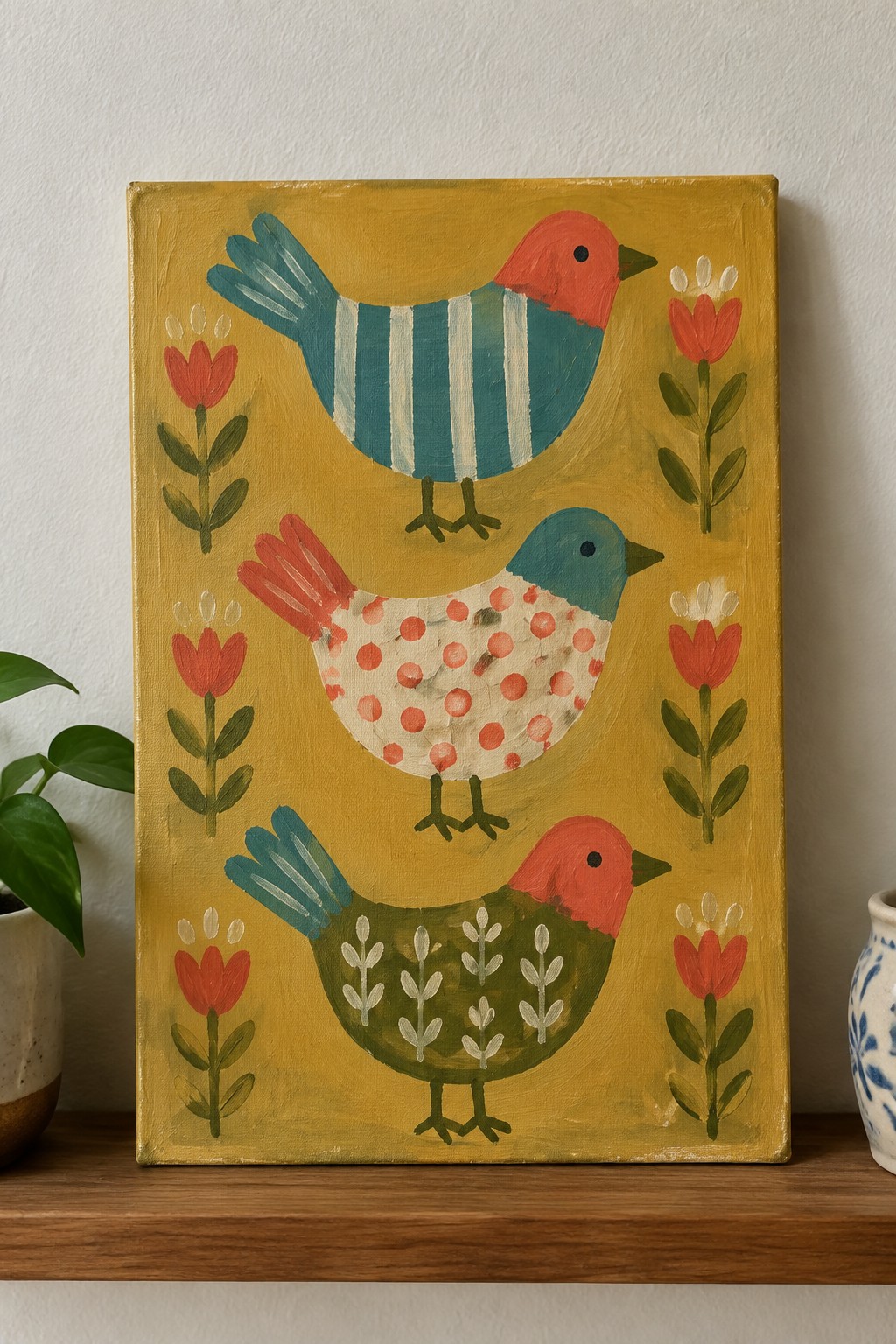 Three stylized birds with patterned bodies on a yellow canvas, flanked by red flowers with green stems on both sides.