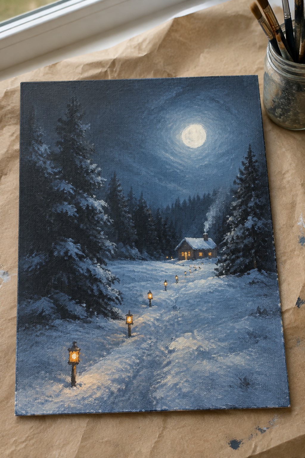 Oil painting of moonlit snowy path with glowing lanterns leading to cabin among pines