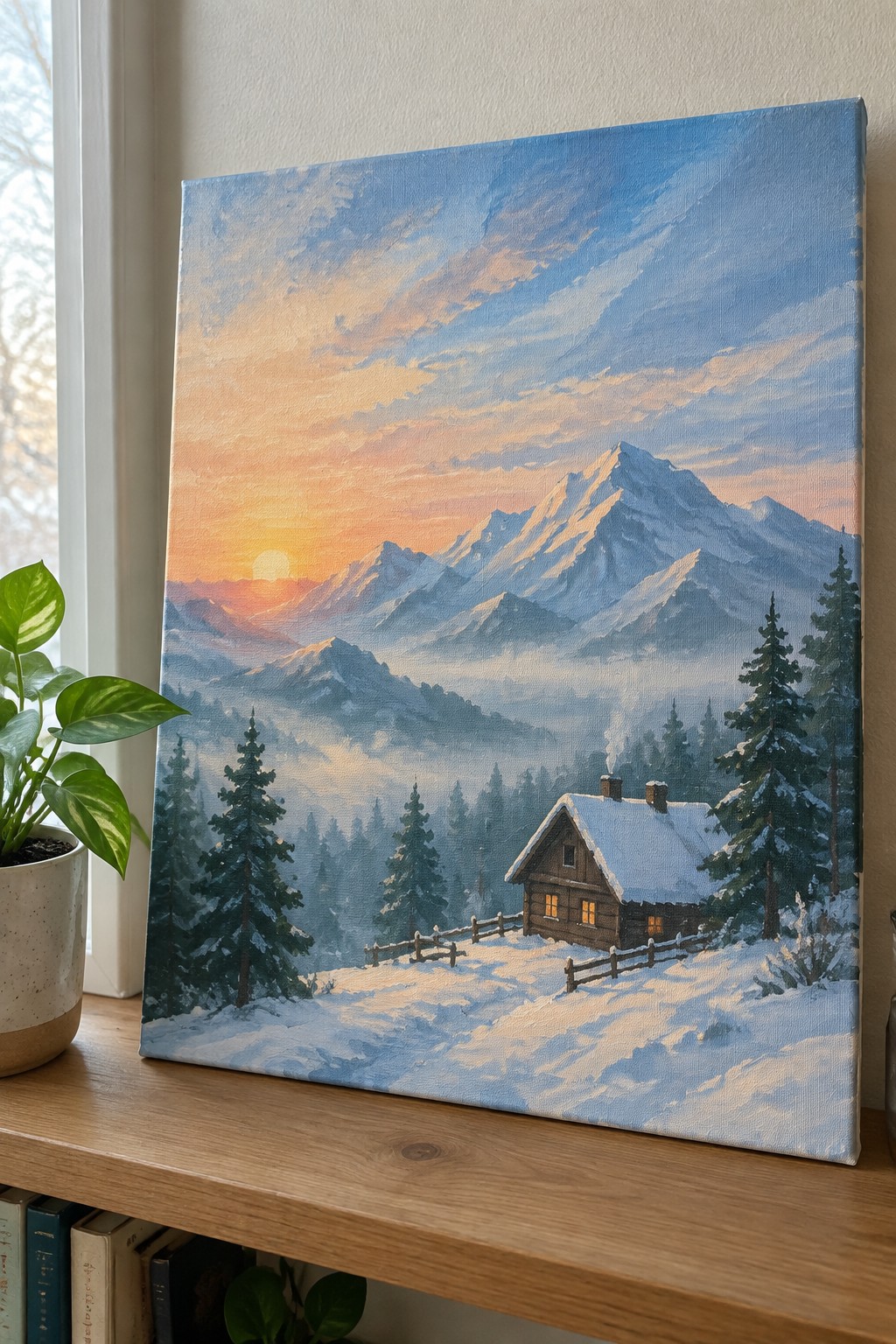 Realistic painting of snow-covered cabin with mountains at colorful sunset on wooden shelf