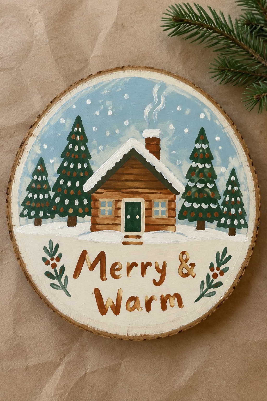 Round wooden plaque with painted snowy log cabin, trees, and Merry & Warm text