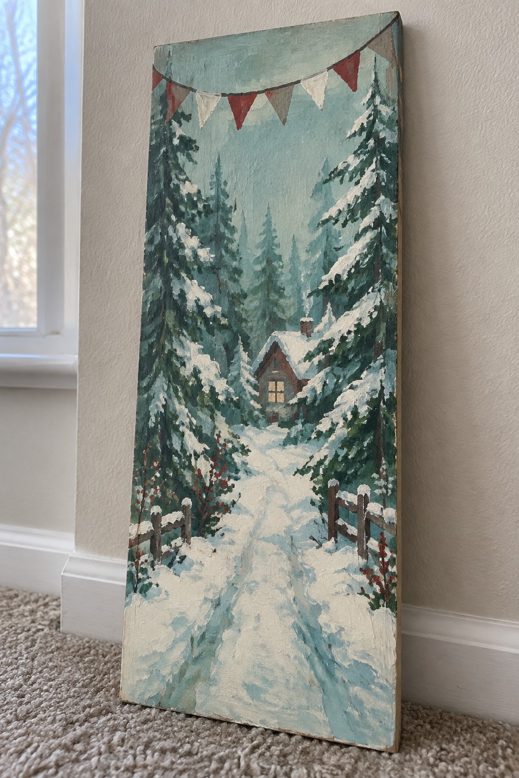Snowy path to cabin in pine forest with red bunting flags overhead