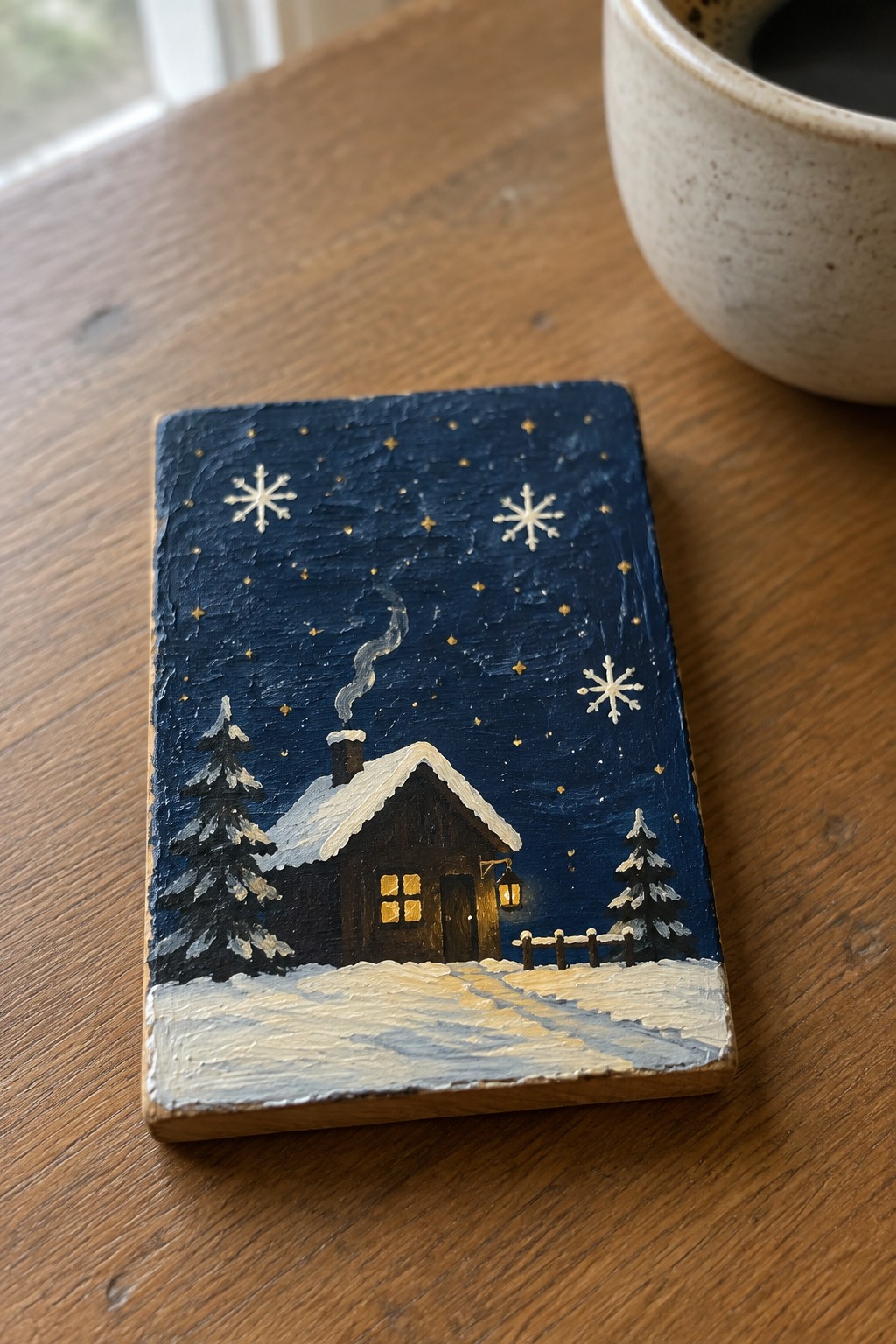 Painted wooden plaque of snowy cabin at night with glowing windows and stars