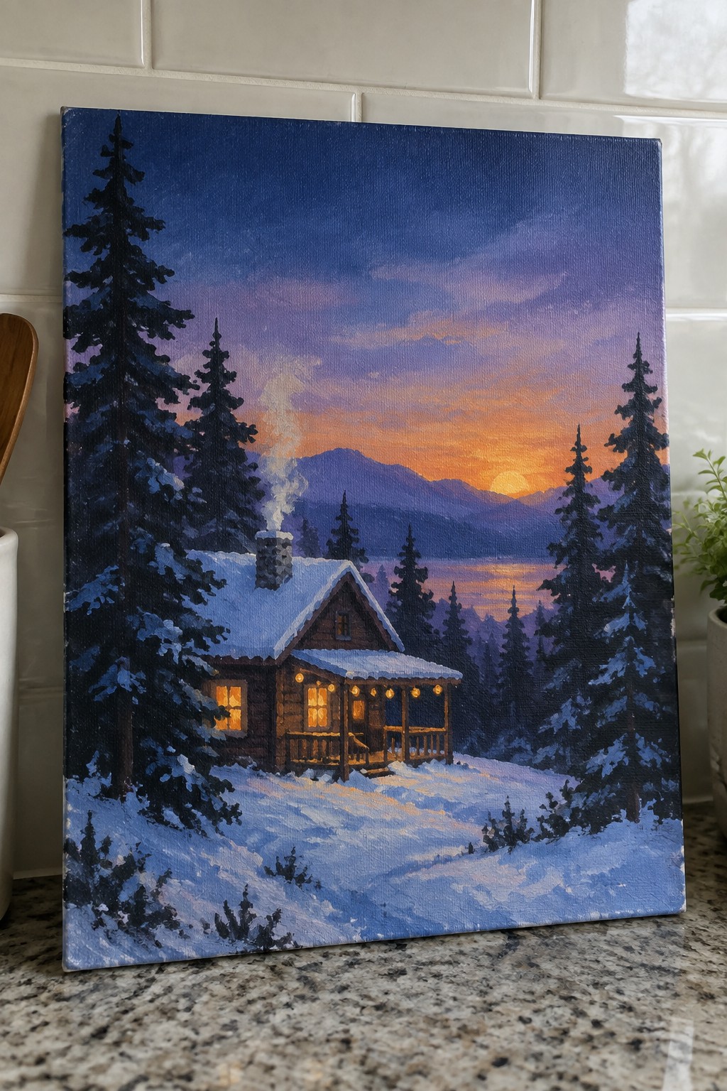 Cozy log cabin painting with glowing lights amid snowy pines at mountain sunset.